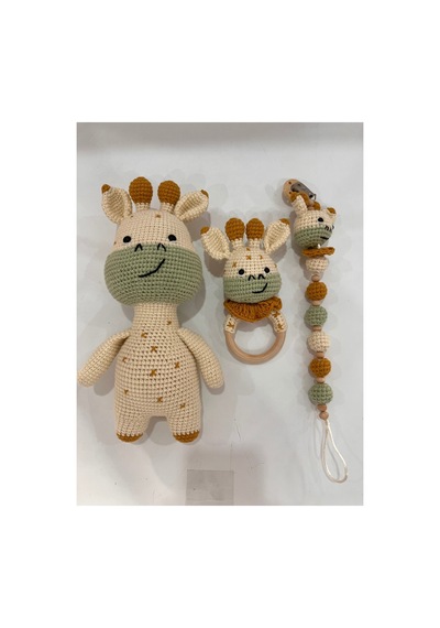 El Örgüsü Zürafa Set Amigurumi + Çıngıraklı Diş Kaşıyıcı + Emzik Zinciri Yeşil