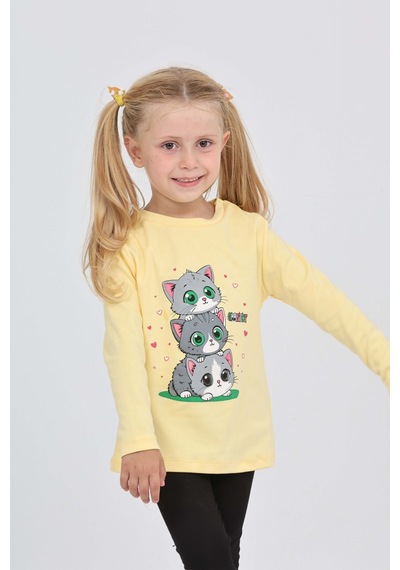 Toontoy Kız Çocuk Üçlü Kedi Baskılı Sweatshirt Açık Sarı