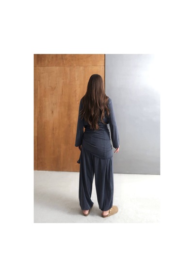 Paw Garage Kadın Vera İthal Denim Efekt Cupra Tencel Çıkarılabilir Kuşaklı Paça Stoperli Alt Üst Takım Lacıvert