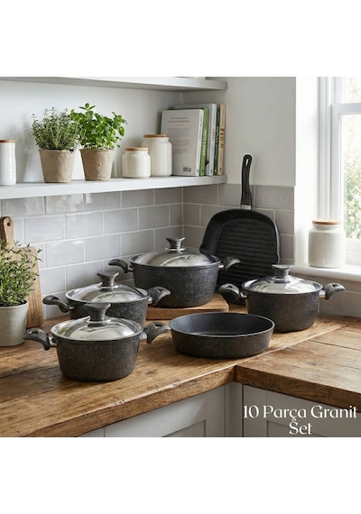 10 Parça Granit Set Çelik Kapak - Siyah Siyah