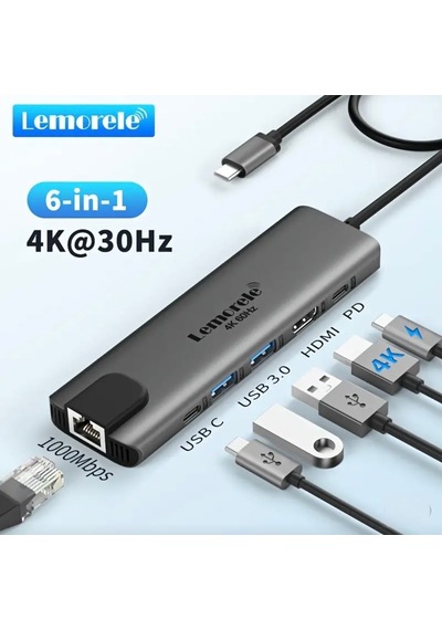 Lemorele 6'nın 1'i Type-c Pd 100w/ Hdmı 4k/rj45 1000mbps./usb 3.0 Hub Çoklayıcı Çoğaltıcı Adaptör Ce Lisanslı