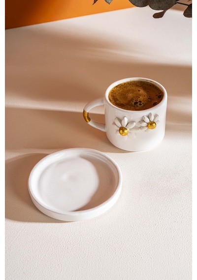 Rivaistanbul Gold Papatya Amore El Yapımı Seramik Double Kahve Fincanı Mug Kupa Krem