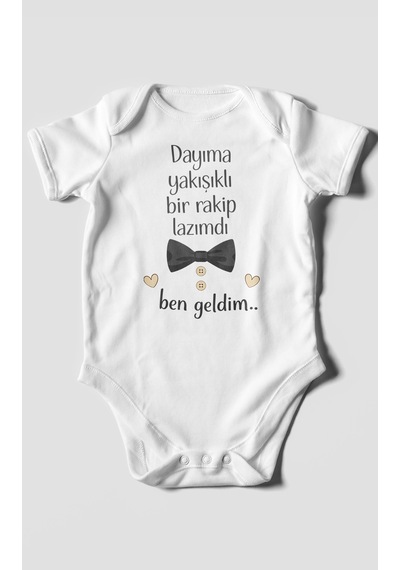 Morivokids Dayıya Özel Kısa Kollu Bebek Body %100 Pamuk Beyaz