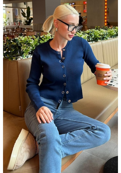 Madmext İndigo Çıt Kapamalı Triko Kadın Hırka Mg2579 Indigo