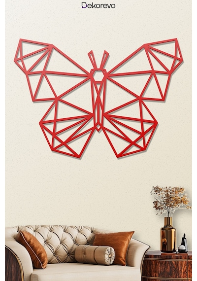 Geometrik Kelebek - Metal Duvar Tablosu - Kırmızı - 55 X 75 Cm