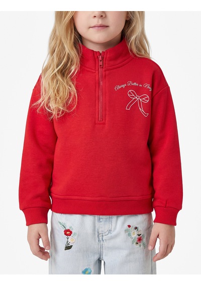 Koton Fiyonk Baskılı Şardonlu Uzun Kollu Fermuarlı Yaka Sweatshirt Kırmızı 7wmg10094ak