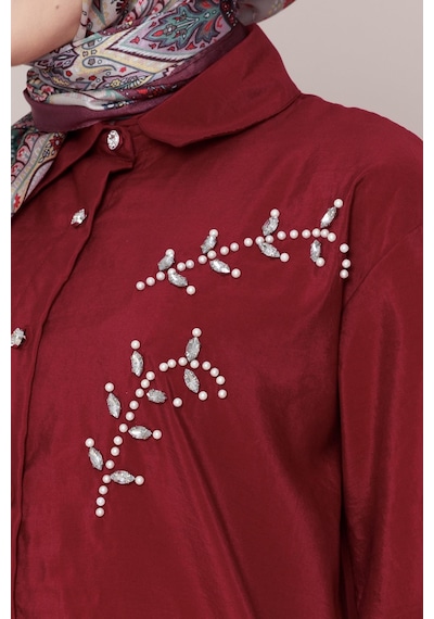 Sevitli Önü İnci Taş İşlemeli Tunik-bordo-4791 Bordo
