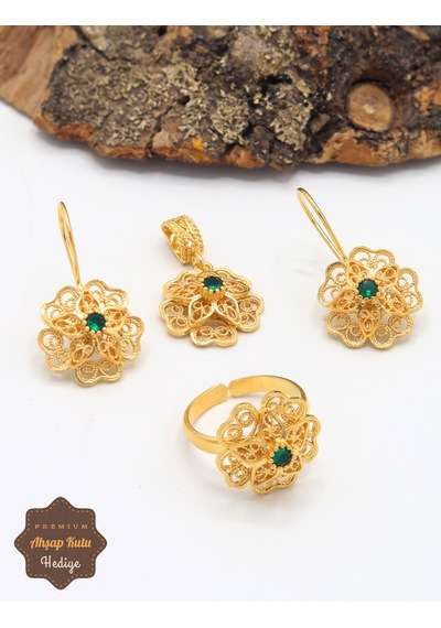 Zümrüt Taşlı Gül Model Kadın Gold Kaplama 925 Ayar Gümüş Telkari Üçlü Set 201025480 Altın