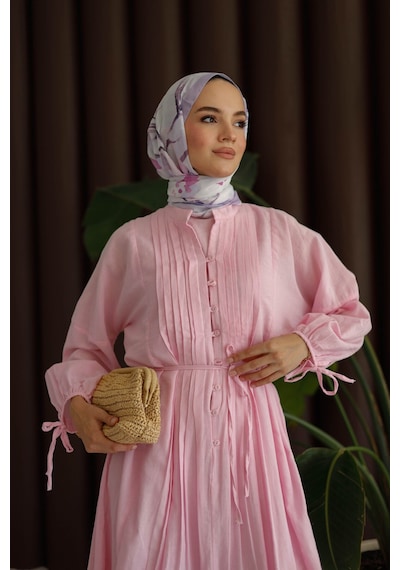 Moonsc Kadın Regular Fit Nervürlü Pamuklu Astarlı Keten Pembe Tesettür Elbise