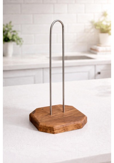 Dekoratif Ahşap Altlıklı Metal Kağıt Havluluk Tutucu 26 Cm - Mutfak Peçetelik Standı Ceviz
