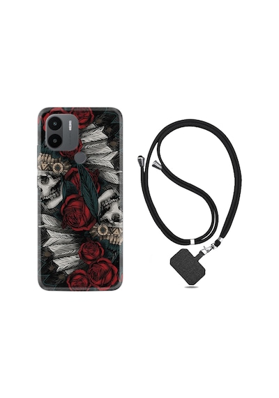 Xiaomi Redmi A1 Kılıf İpli Boyun Askılı Desenli Silikon Skull Rose 1673