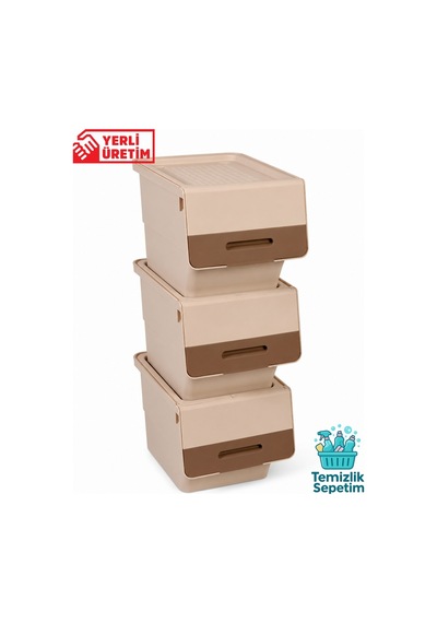 3 Katlı Tekerlekli Kapaklı Saklama Kutusu, Eşya Ve Erzak Organizer 3x12 Litre Kahverengi Bej Bej