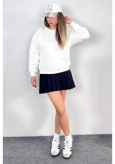 Kadın Cozy İçi Polarlı Ekru Basic Bisiklet Yaka Pamuklu Kalın Örme Sweatshirt Ekru
