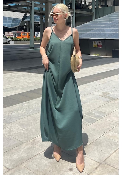 Madmext Yeşil Askılı Oversize Uzun Elbise Mg2038-yeşil