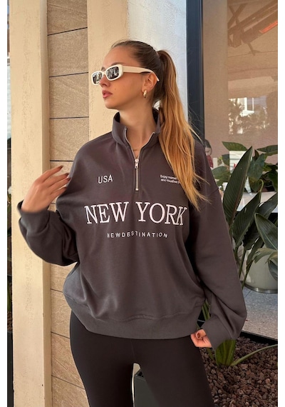 Madmext Füme Yarım Fermuarlı Baskılı Sweatshirt Mg2240 Füme