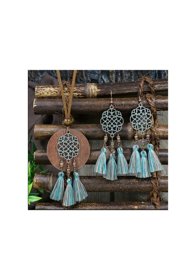 Yıwu 3 Parça Vintage Bohemian Etnik Tarz Kadın Takı Seti, Antika Bronz Oymalı Mavi Karışık Renk Mavi Tonları Ve Ahşap Yıwu 3 Parça Vintage Bohemian Etnik Tarz Kadın Takı Seti, Antika Bronz Oymalı Mavi Karışık Renk Mavi Tonları Ve Ahşap