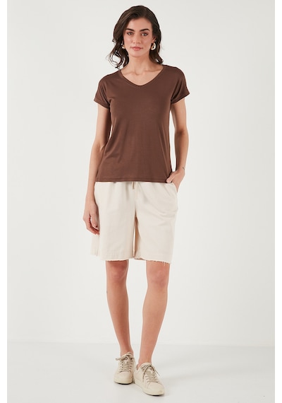 Lela V Yaka Relaxed Fit Yırtmaç Detaylı 2'Li Paket Bayan Bluz 5862000S2 Siyah-Kahve