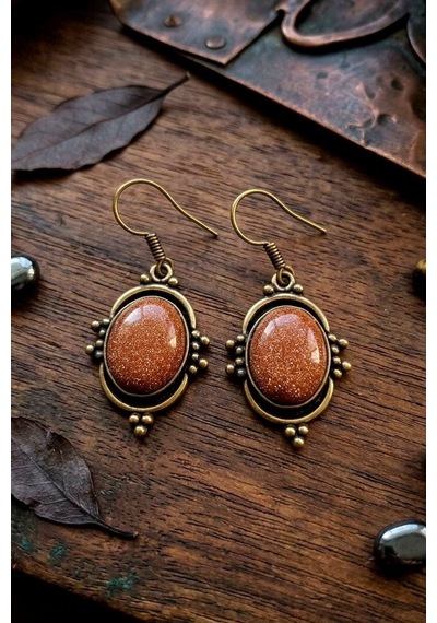 Vintage Tasarım Bronz Çerçeveli Yıldız Taşı Goldstone Kadın Küpe