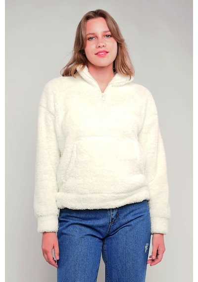 Gabria Kanguru Cepli Yarım Fermuarlı Peluş Sweat Ekru