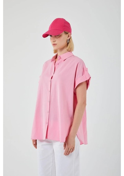 Mixray 3967 Kadın Apoletli Kısa Kol Oversize Gömlek Şeker Pembe