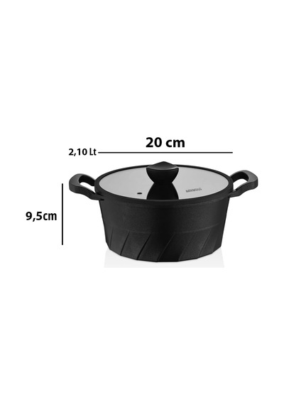 Vento Döküm Titanyum Kaplama Cam Kapaklı Derin Tencere 20x9,5 Cm Altın - Siyah