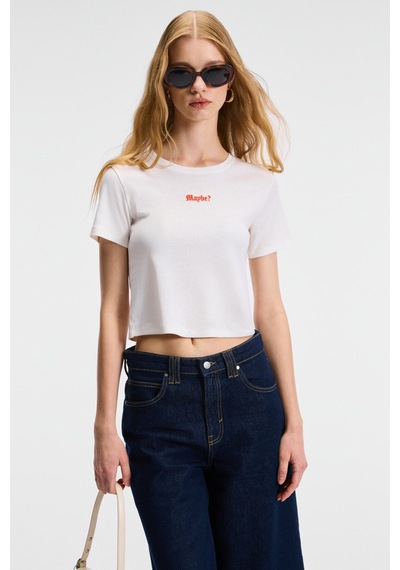 ETHIQUET ZERAYA Kadın Bisiklet Yaka Kısa Kollu Önde Nakış Detaylı Crop Beyaz T-Shirt
