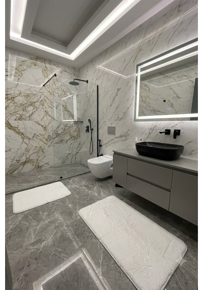 Villadia Home Textile 2'li Peluş Post Banyo Halısı Klozet Takımı Kaymaz Taban Yıkanabilir Banyo Paspası Beyaz