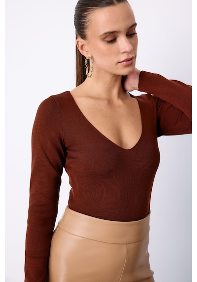 Sateen V Yaka Triko Crop - Kahve-129488