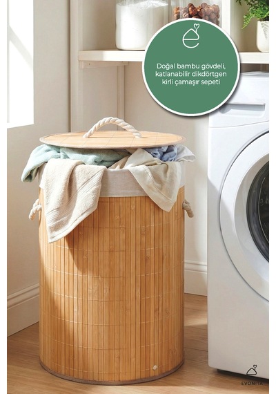 Bambu Kapaklı Çamaşır Sepeti 40x50 Cm Kirli Sepeti Çıkarılabilir Yıkanabilir Bez Astarlı Kahverengi