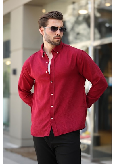 Madmext Bordo Mavisi Uzun Kollu Oversize Erkek Gömlek 6735 Bordo