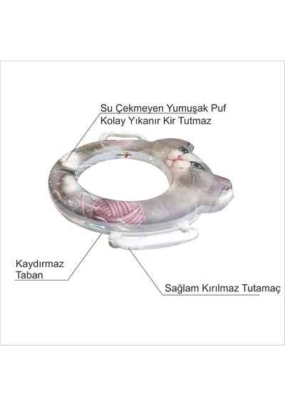 M3decorium Kedili Su Kir Çekmez Tutmaz Yumuşak Puflu Çocuk Bebek Tuvalet Wc Klozet Kapağı Kapak Oturağı Oturak