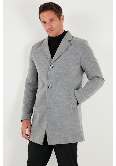 Buratti Slim Fit Tek Yırtmaçlı Düğmeli Mono Yaka Kaşe Erkek Kaban 5840098 Gri