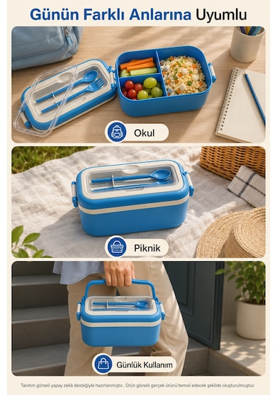 Mavi 3 Bölmeli Çocuk Beslenme Kutusu Kaşık Çatal Dahil Kilitli Kapaklı Taşıma Saplı Lunch Box