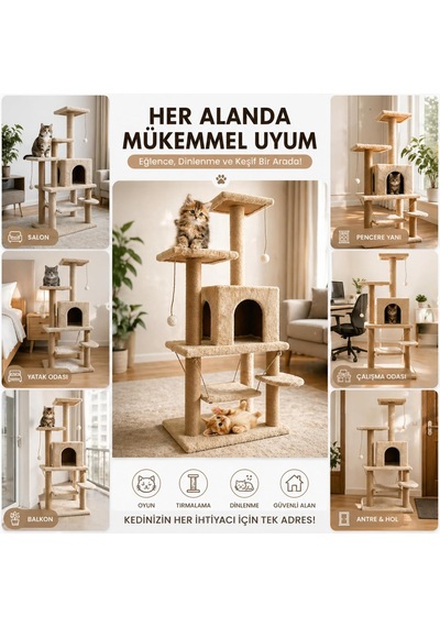 Çok Katlı Kedi Tırmalama Evi, 115 Cm Yüksek Geniş Salıncaklı Komple Kumaş Kaplı 1 Büyük Yuvalı 2 Oturaklı K