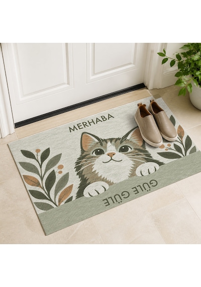 Kartela Halı Merhaba Güle Güle Kedili Kapı Paspası Adaçayı Yeşili Kaymaz Kauçuk Taban 50x75 Cm