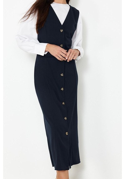 Ersefa Moda Stil Regular V Yaka Maxi Boy Tesettür Dokuma Kumaş Jile Elbi Lacivert