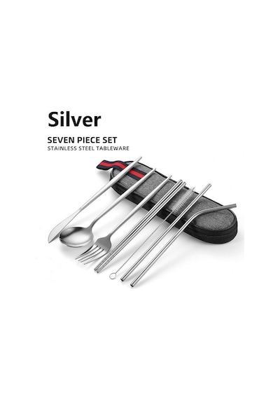 Valkyrie 8 Parça Çantalı Yolculuk Çatal Bıçak Kaşık Pipet Chopstick Seti Kamp Okul Ofis Tatil Paslanmaz Çelik Metal Metalik