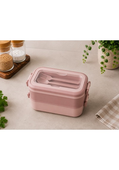 3 Katlı Çatal Kaşıklı Beslenme Ve Yemek Saklama Kabı Pembe