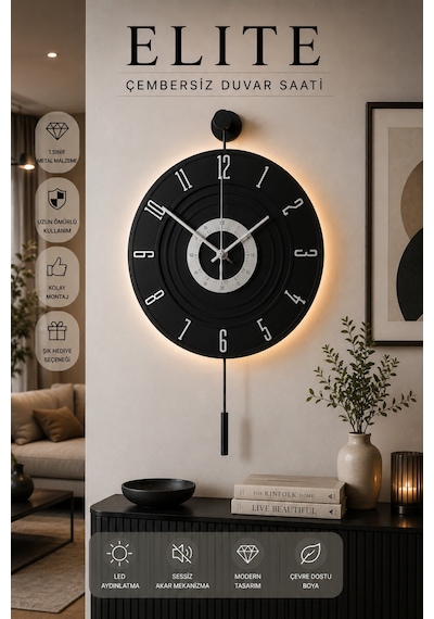 MetaQuartz Aksesuar Full Siyah - Gümüş Rakam - Kardelen 7-24 Kablosuz Pilli Led Modern Dekoratif Duvar Saati