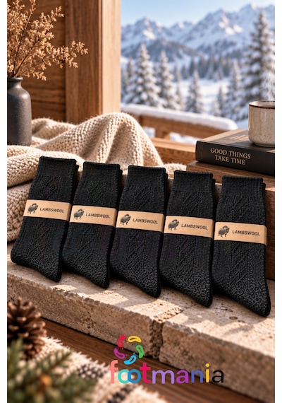 Footmania Erkek Siyah Kışlık Lambswool Çorap 5 Çift