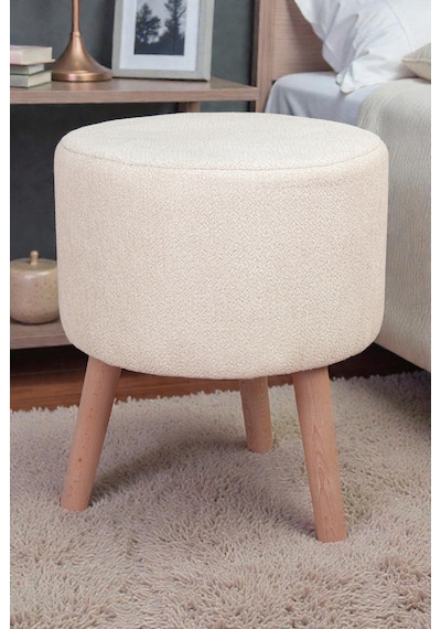 Modern Dekoratif Ahşap Ayaklı Puf Tabure, Oturma Ve Ayak Uzatma Pufu Krem - 40x36 Cm Krem