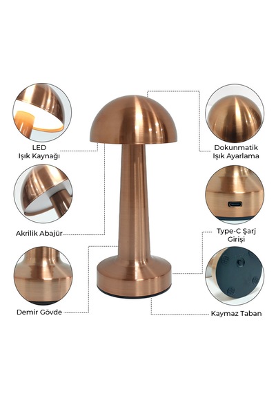 Bood Dl-06 Şarjlı Masa Lambası 6 Saat Tekşarjla Çalışma,dokunmatik,3 Işık Modu,1200 Mah,taşınabilir Bakır