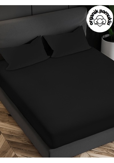 Lotus Çift Kişilik Lüks Pamuklu 160x200 Kumaş Lastikli Çarşaf Takımı  Yastıklı - Siyah