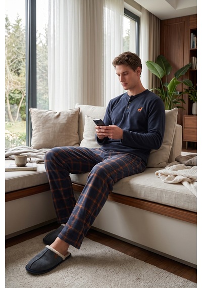 Buratti Ekoseli Düğmeli Bisiklet Yaka Yumuşak Polar Pijama Takımı Erkek Pijama Takımı 6097019 Füme