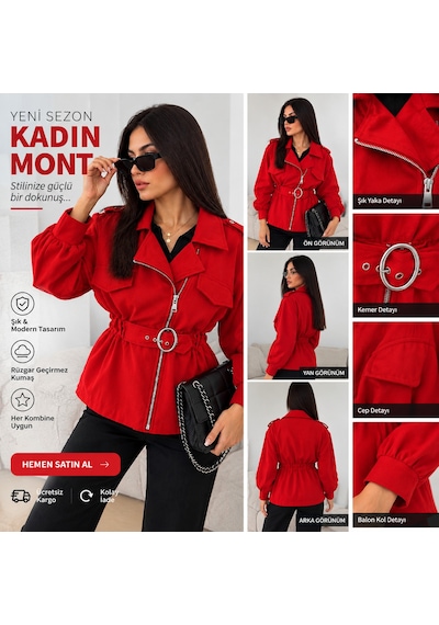 Nido Moda Kadın Kırmızı Kemerli Fermuarlı Ceket Balon Kol Şık Tasarım