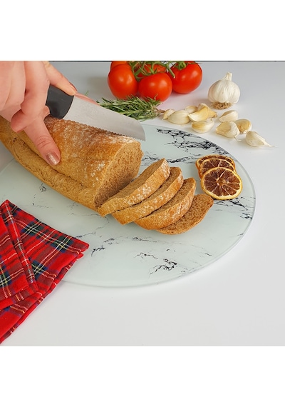 Decorita Beyaz Mermer Görünümlü Cam Kesme Tahtası Çap 32 CM