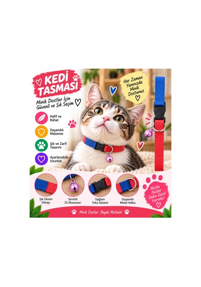 Kedi Tasması Kırmızı Mavi İki Renkli Zilli Ayarlanabilir Klipsli Metal Halkalı Kedi Boyun Tasması