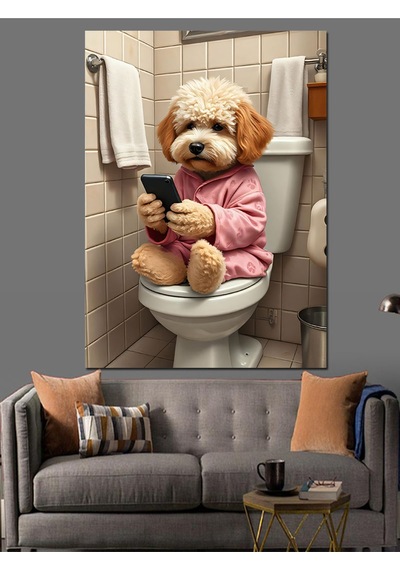 Pijamalı Köpek Telefon Keyfi Dekoratif Kanvas - Mdf Ahşap Tablo
