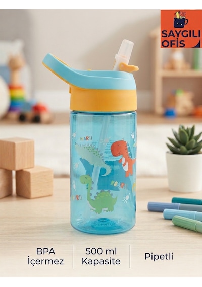 Saygılıofis 3114 Desenli Matara 500 Ml Sevimli Dinazorlar Beyaz