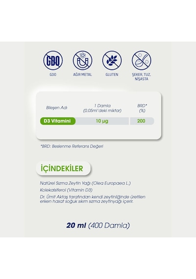 Dr. Ümit Aktaş Vitamin D3 Damla 20 ML